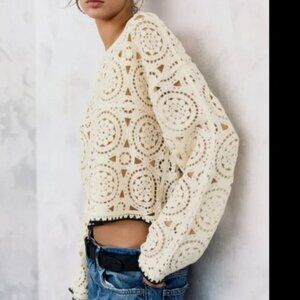 Zara Crochet Lace Long Sleeve Top L Ivory Black